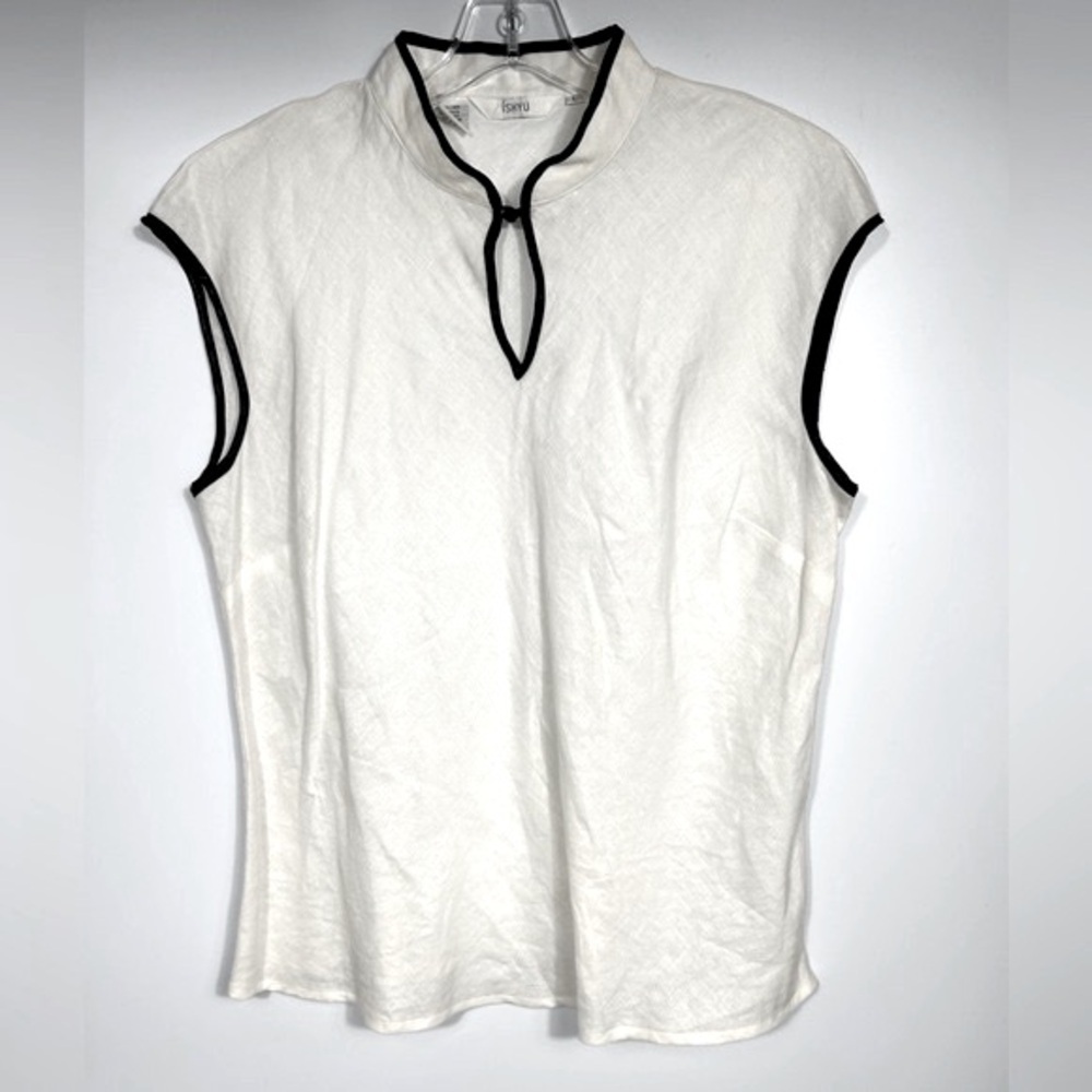 ISHYU Linen Blouse L White/Black Asian Style Top Minimalist